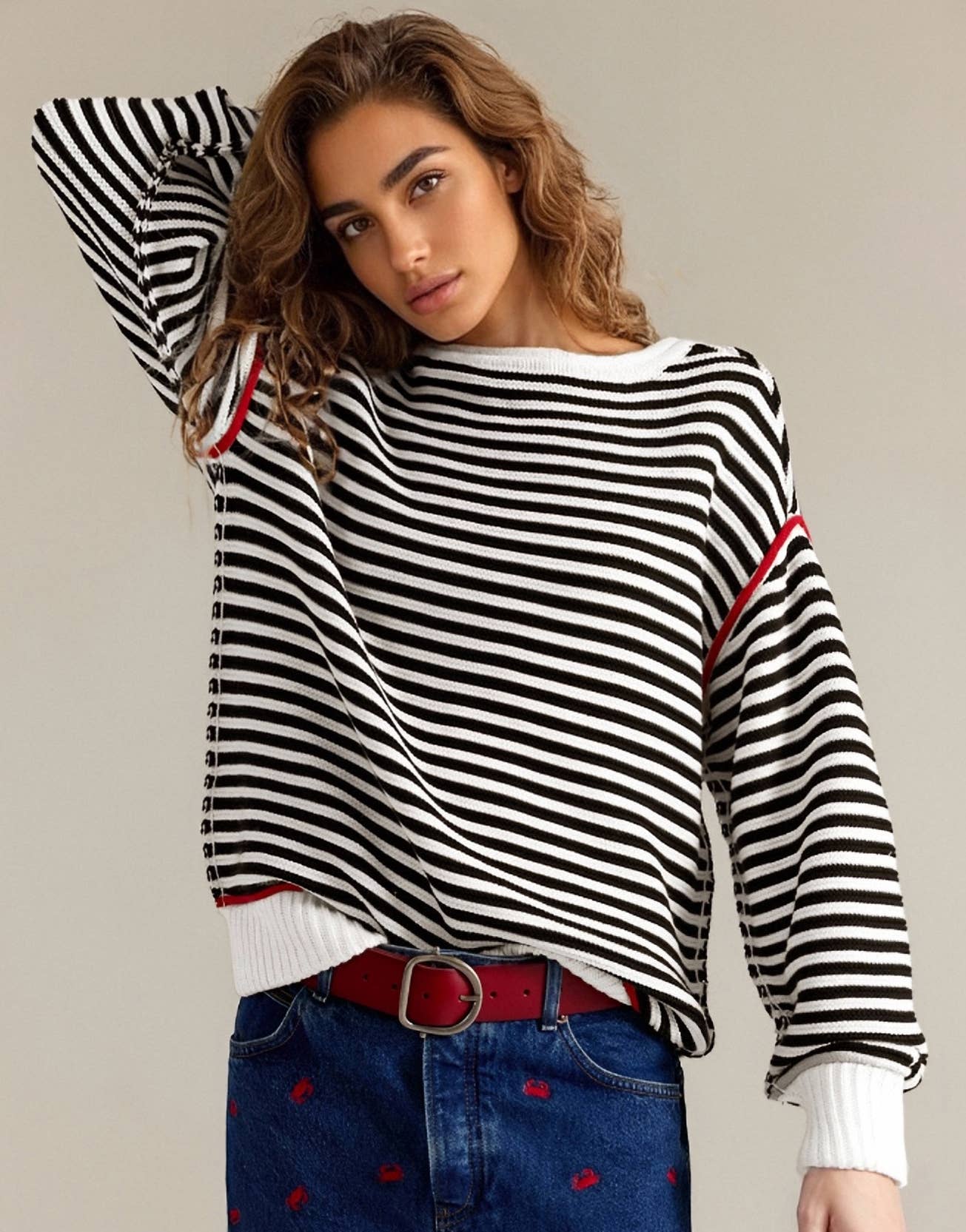 Striped round-neck loose long-sleeved sweater