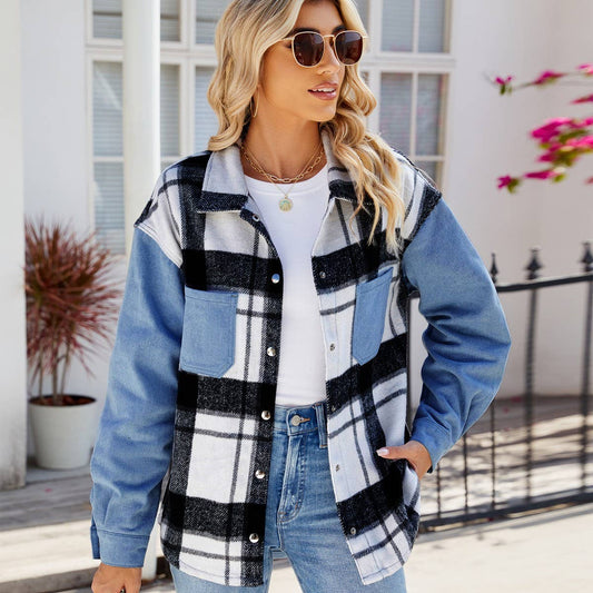 Washed plaid denim long-sleeved coat