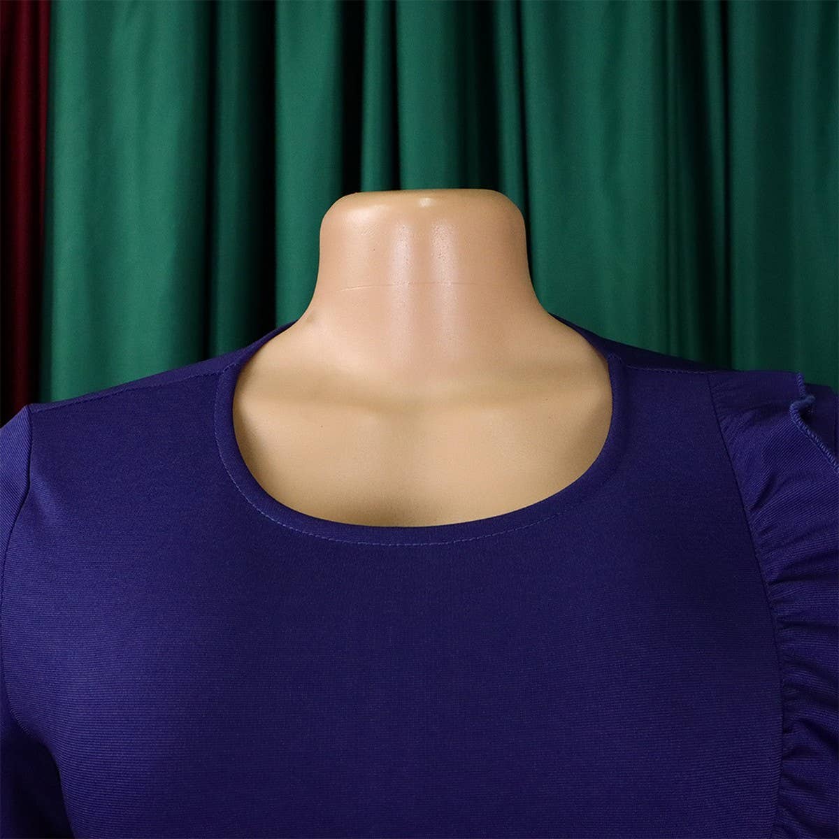 RUFFLE HEM SOLID COLOR ROUND NECK HIP DRESS