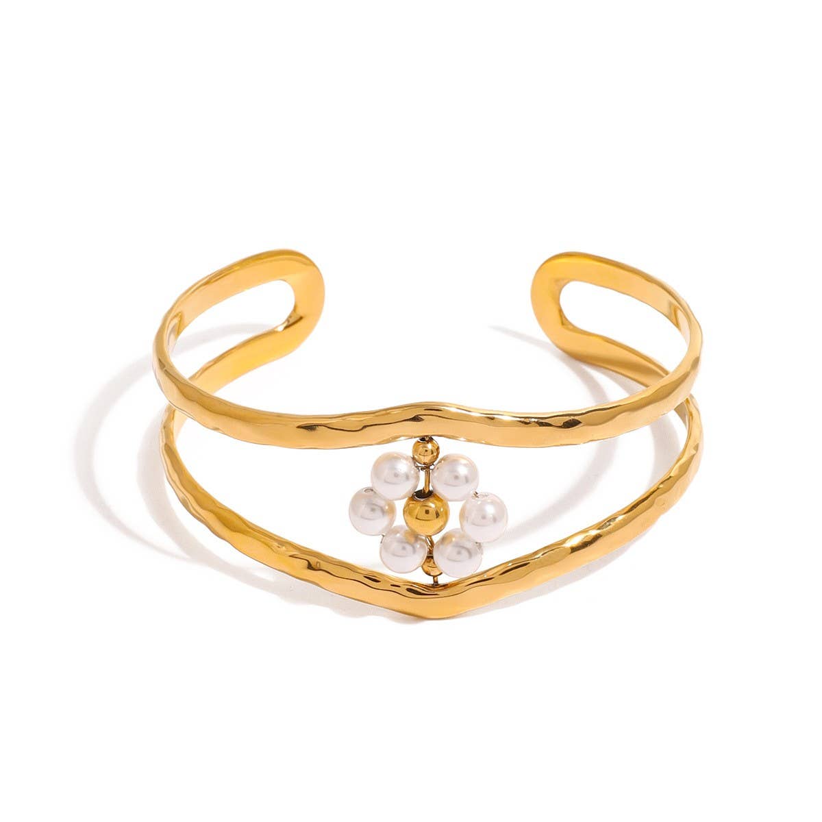 18K Gold Pearl Floral Double-Layer Cuff Bracelet_CWAJE4795