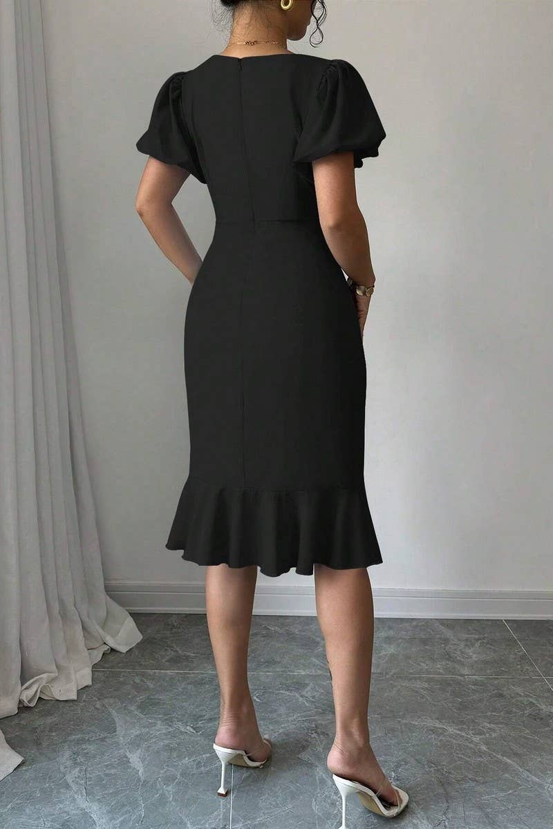 CWDSD7396_ROUND NECK LANTERN SLEEVE RUFFLED FISHTAIL DRESS