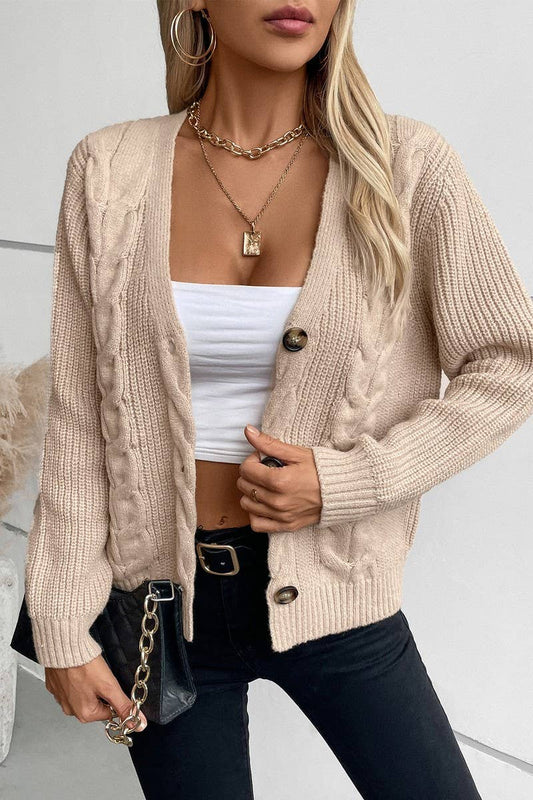 CWOCAL0837_SOLID COLOR SINGLE-BREASTED CABLE KNIT CARDIGAN