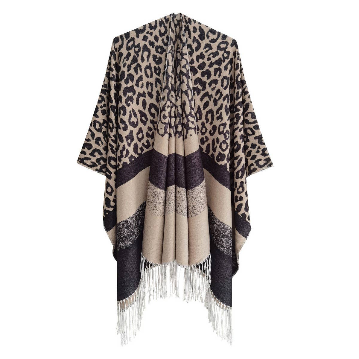 LEOPARD PRINT STRIPED TASSEL WARM SPLIT SHAWL