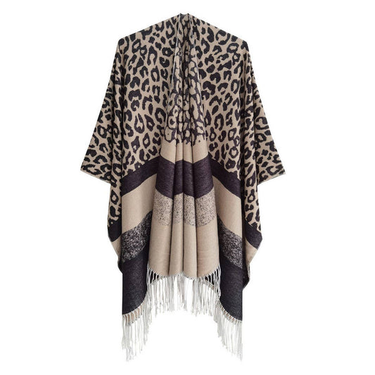 LEOPARD PRINT STRIPED TASSEL WARM SPLIT SHAWL