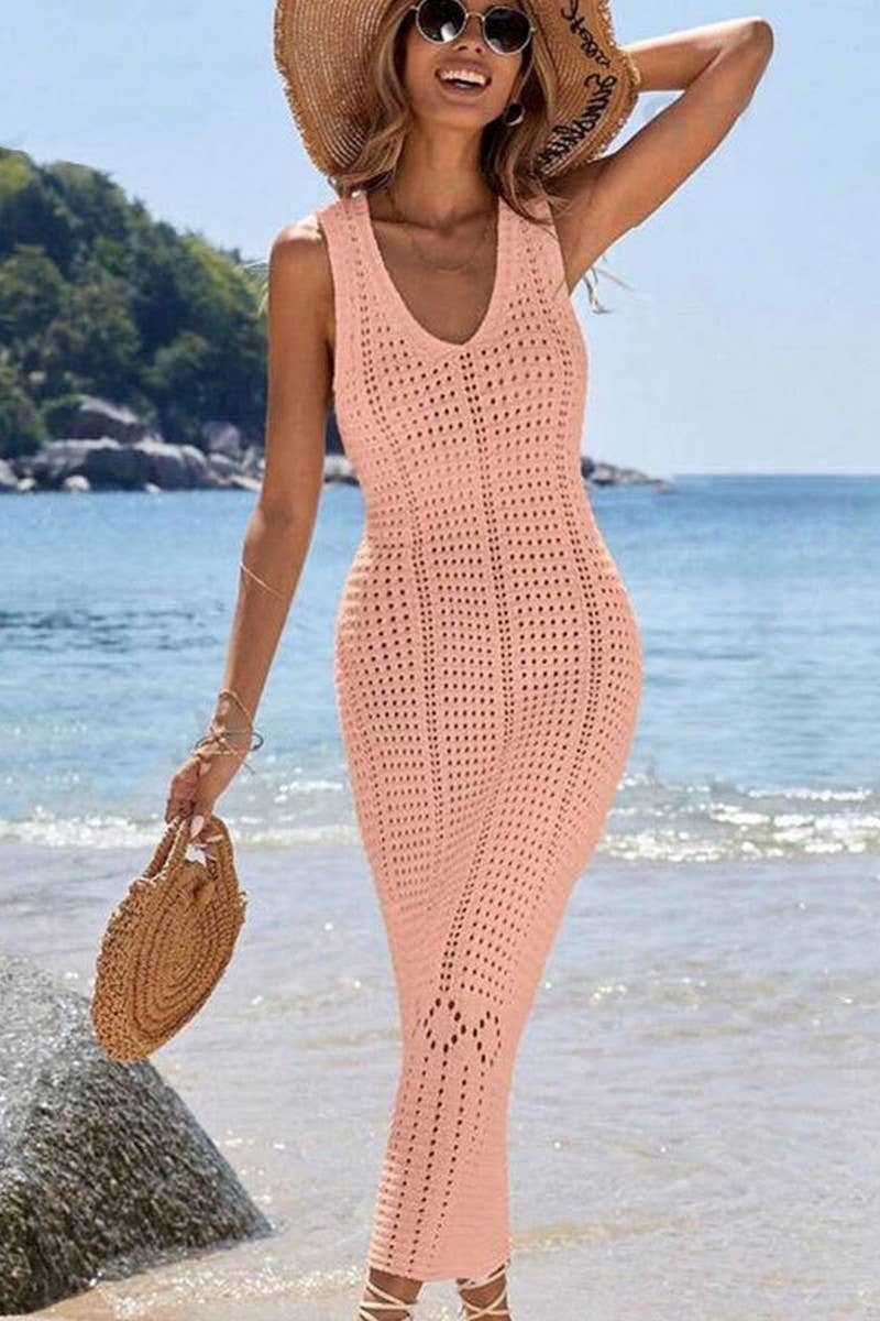 CWDMD4741_KNIT HOLLOW LONG TANK BIKINI COVER UP DRESS