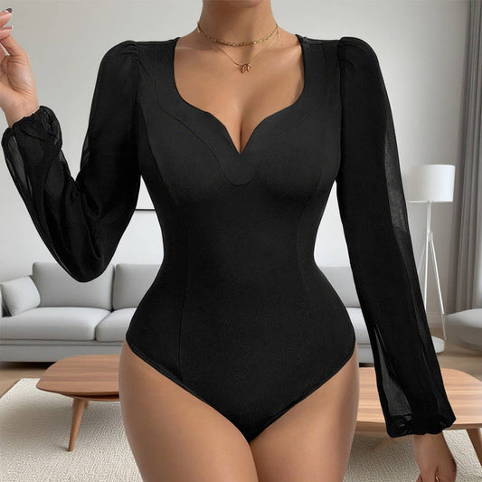 Solid-color mesh spliced V-neck jumpsuit