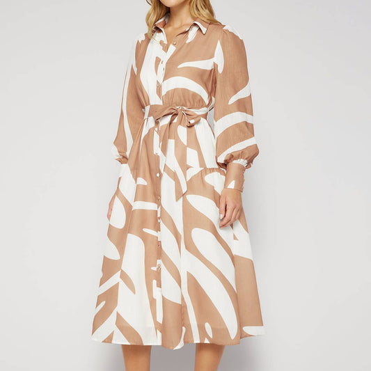 PRINTED LOOSE LACE-UP LONG-SLEEVED SHIRT DRESS