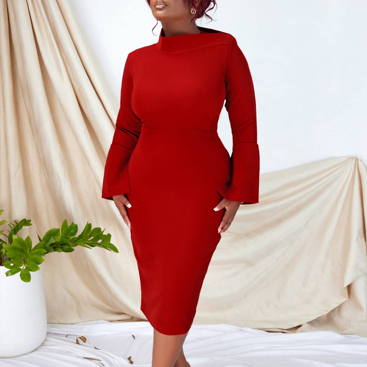 FASHION LONG SLEEVE OBLIQUE NECKSTRETCH KNIT DRESS_CWDMD3675