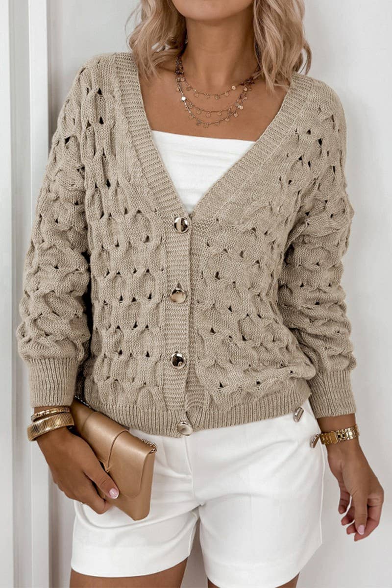 CWOCAL00707_LIGHTWEIGHT VINTAGE V NECK HOLLOW OUT CARDIGAN