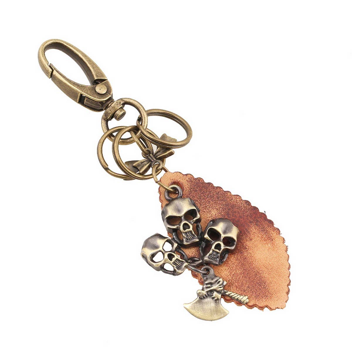 VINTAGE PUNK BRONZE SKULL LEATHER KEYCHAIN