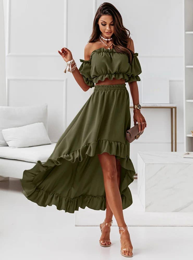 RUFFLED SKIRT IRREGULAR SHORT SLEEVE TWO-PIECE SET