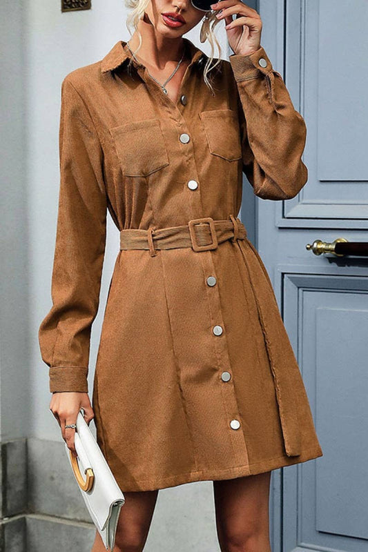CWDSD6386_LONG-SLEEVED BUTTON-DOWN CORDUROY DRESS