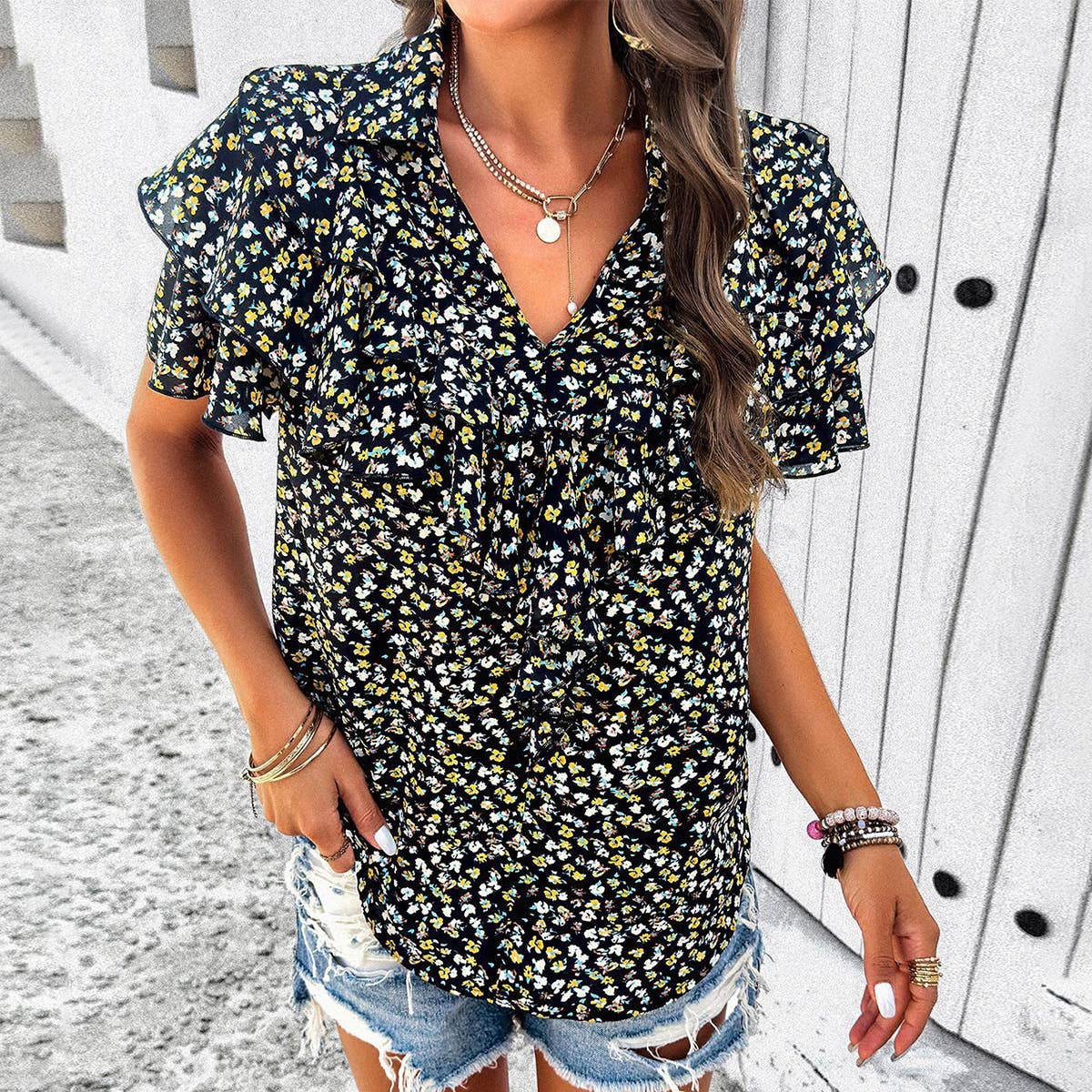ELEGANT PRINTED FLORAL WOOD EAR BLOUSE