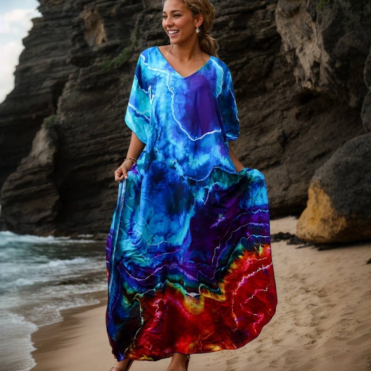 Rayon Tie-Dye Beach Kimono Cover-Up Robe_CWMM6154