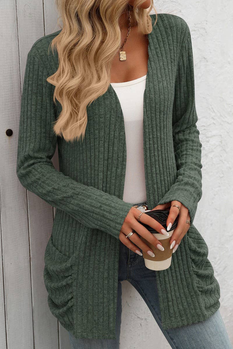 CWOCAL1308_SOLID COLOR RIBBED POCKET LONG SLEEVE CARDIGAN