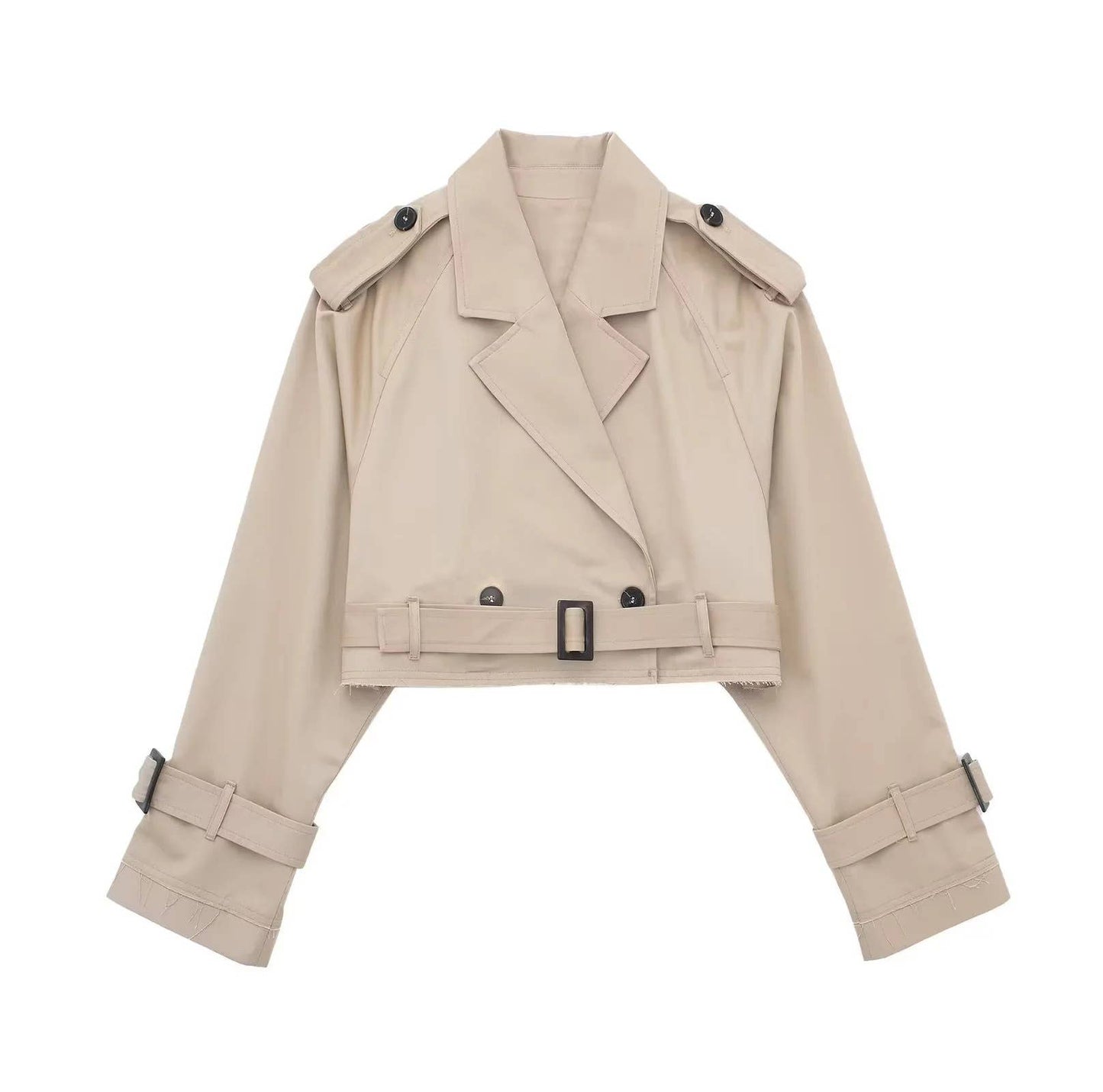 Solid-color short-cut trench coat with a belt