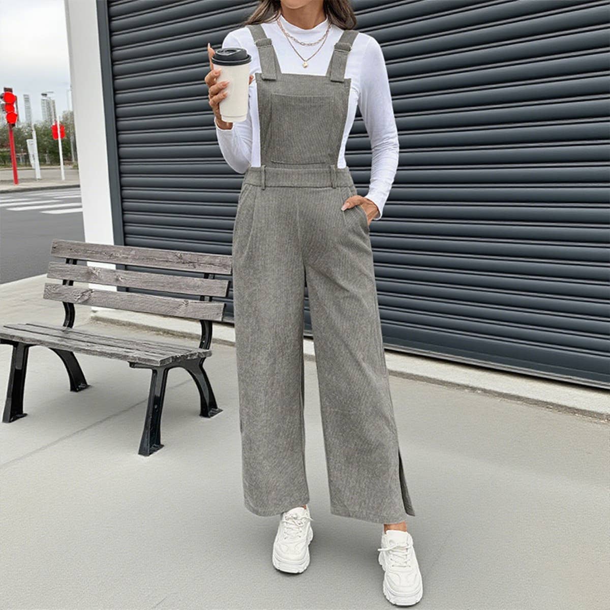 Solid-color basic corduroy adjustable overalls