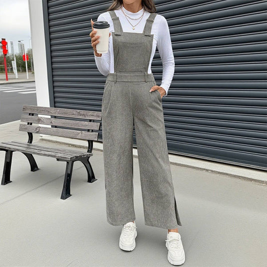 Solid-color basic corduroy adjustable overalls