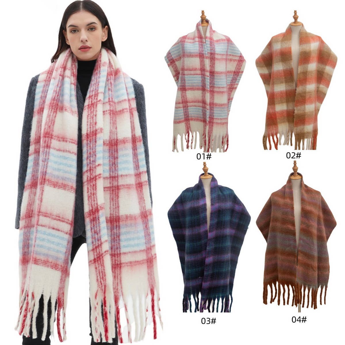 Chunky Circle Yarn Plaid Scarf - Thick Fall/Winter