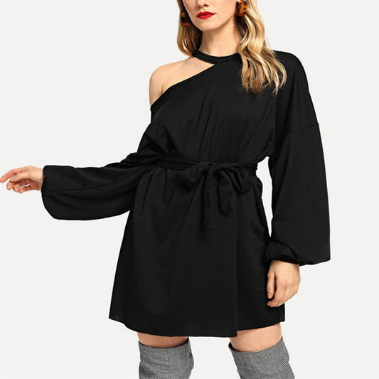 LACE-UP ROUND NECK SEXY SLANT SHOULDER DRESS