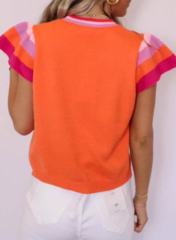 Round-neck color-blocking short-sleeved sweater