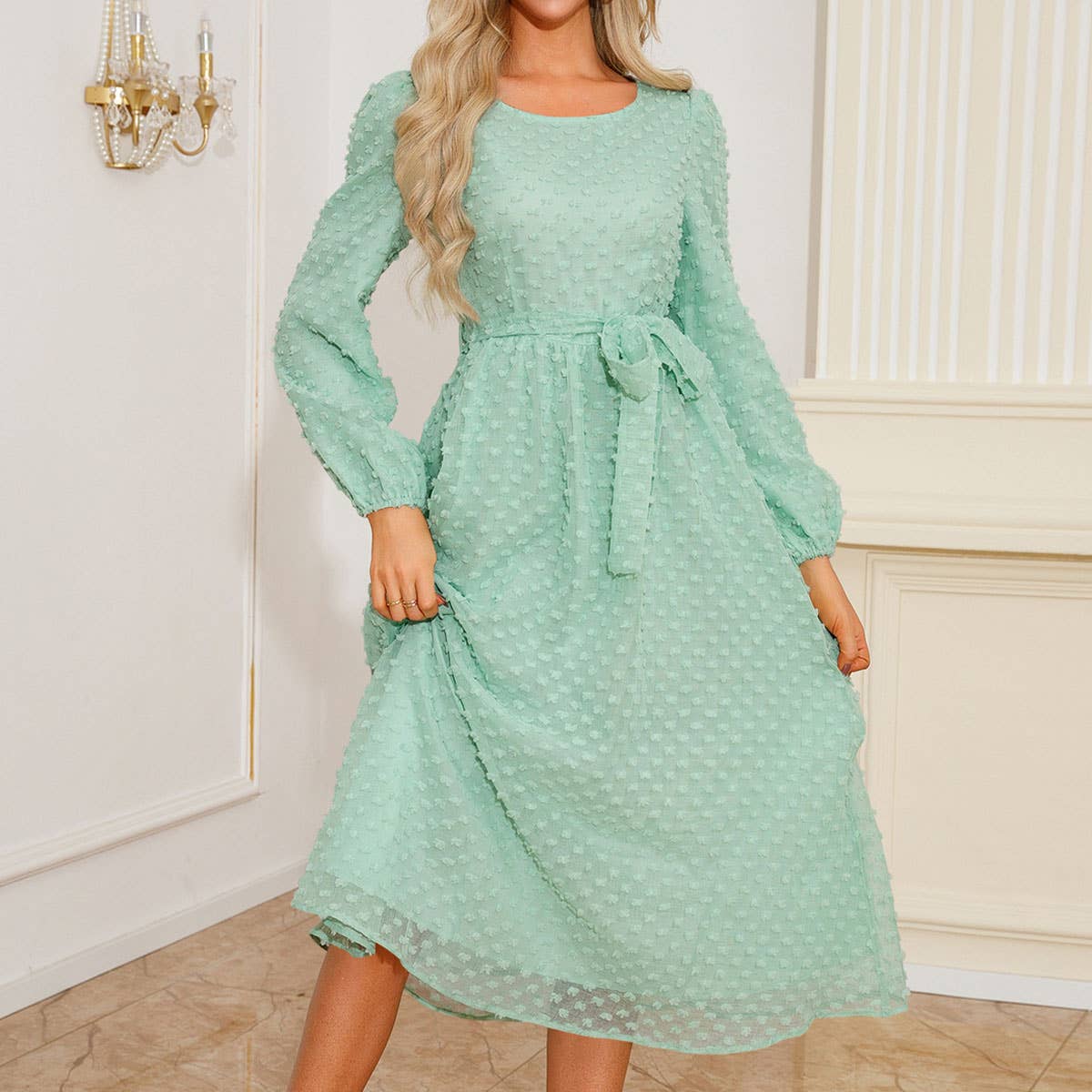 Jacquard Long Sleeve Dress with Waist Detail