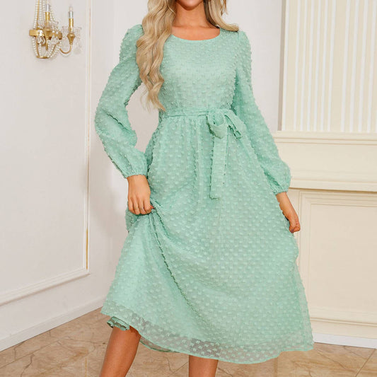 Jacquard Long Sleeve Dress with Waist Detail
