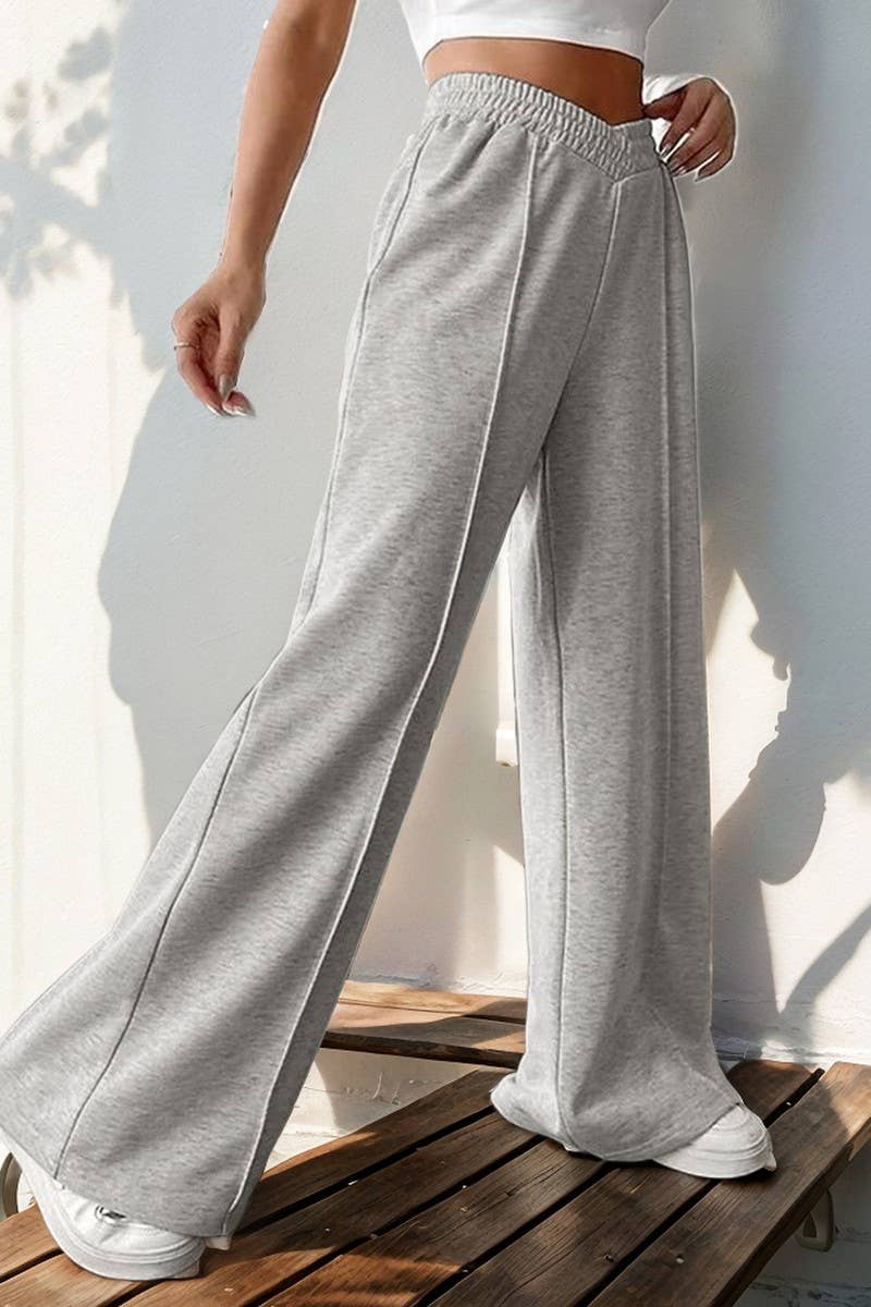 CWBLP1356_CASUAL ELASTIC V-NECK HIGH WAIST WIDE LEG PANTS