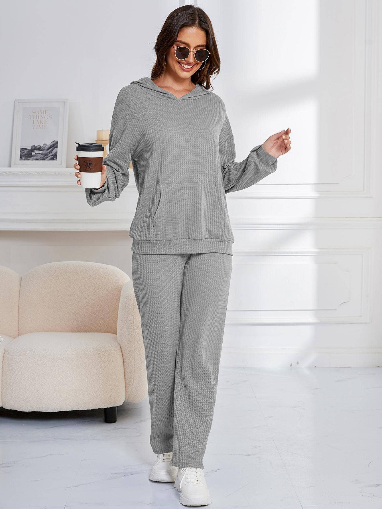 WAFFLE TWO-PIECE LOUNGEWEAR WITH LONG SLEEVES