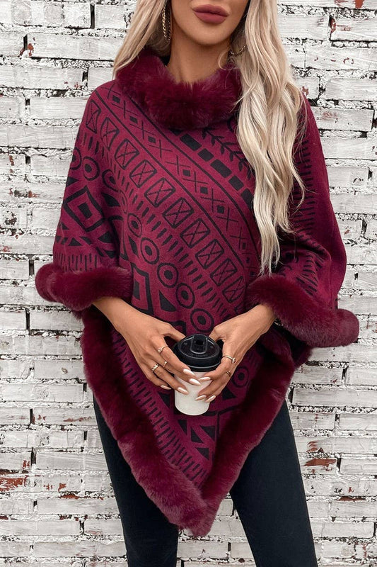 CWOSWS0094_FUR COLLAR GEOMETRIC PATTERN SWEATER SHAWL