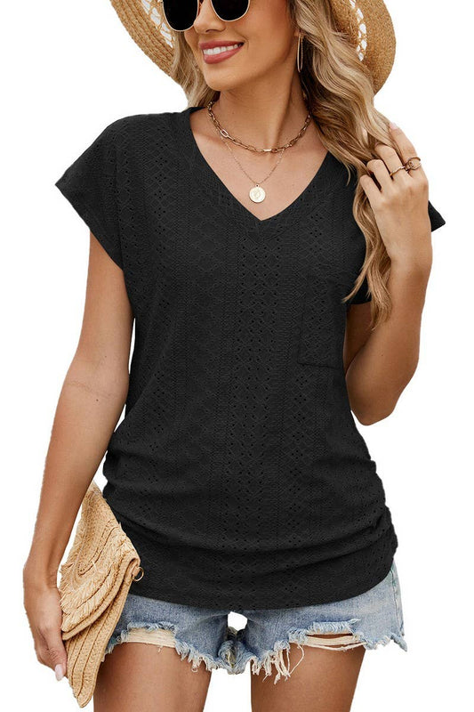 Cwtts1328_Summer Solid Color V-Neck Short-Sleeved T-Shirt