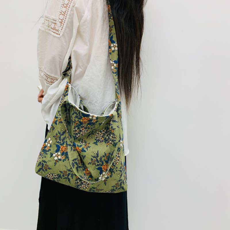 Floral corduroy flowers retro single-shoulder bag