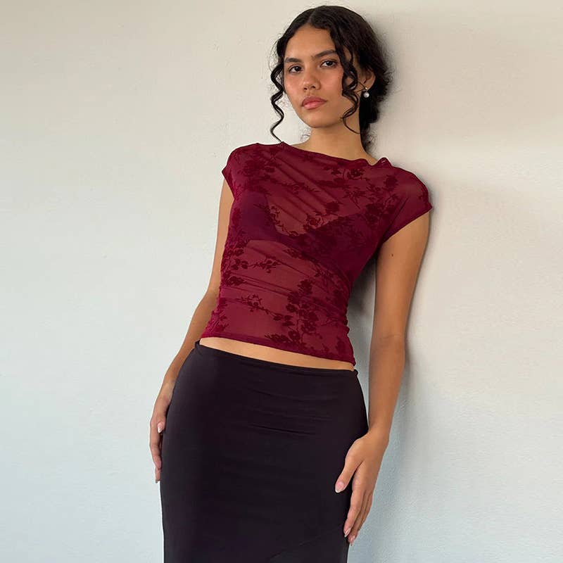 Sheer Mesh Vintage Print Sexy Top Short Sleeve