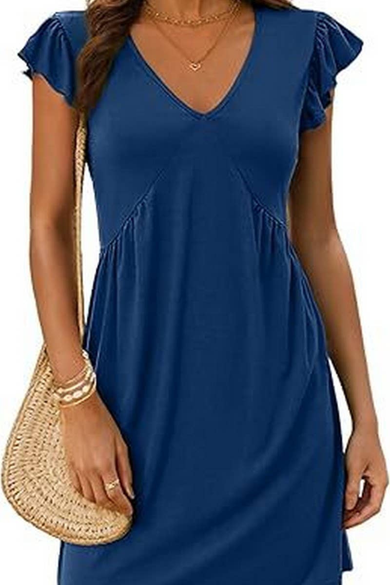 CWDSD8807_V-NECK FLYING SLEEVES PLEATED MINI TANK DRESS