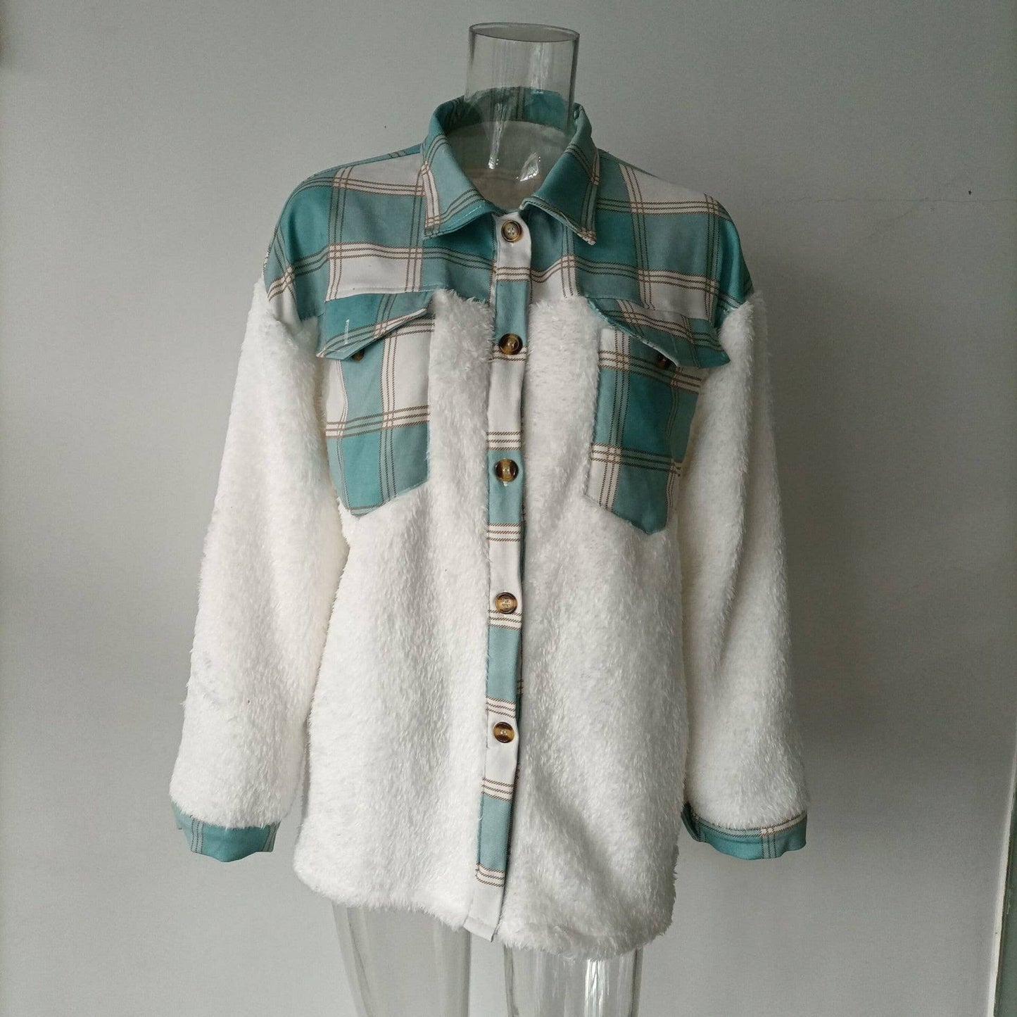 LAPEL LEOPARD PLAID PRINT FLEECE PATCHWORK COAT