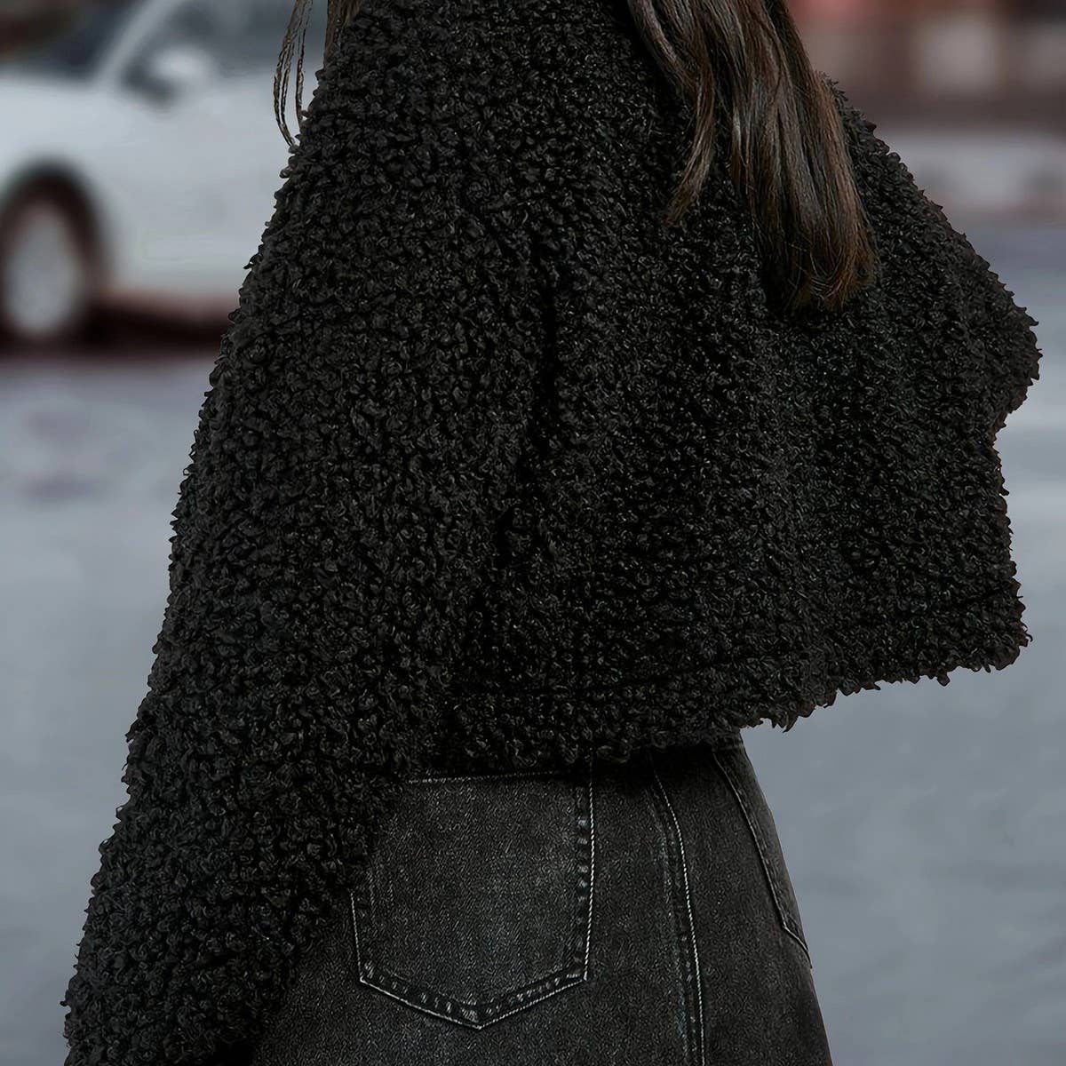 Faux fur crew neck short long-sleeved jacket