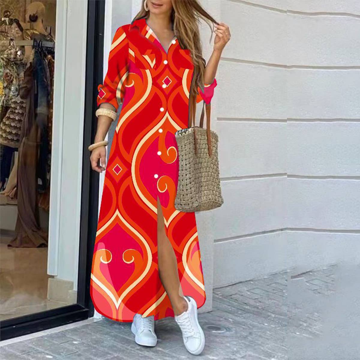 FASHION LONG-SLEEVED PRINTED SHIRTDRESS