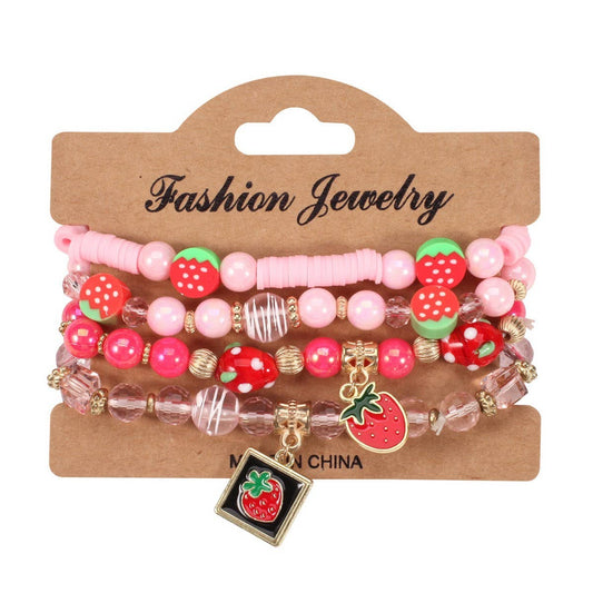 CWMM10452_CUTE STRAWBERRY FRUIT CHARM BEADED BRACELET SET