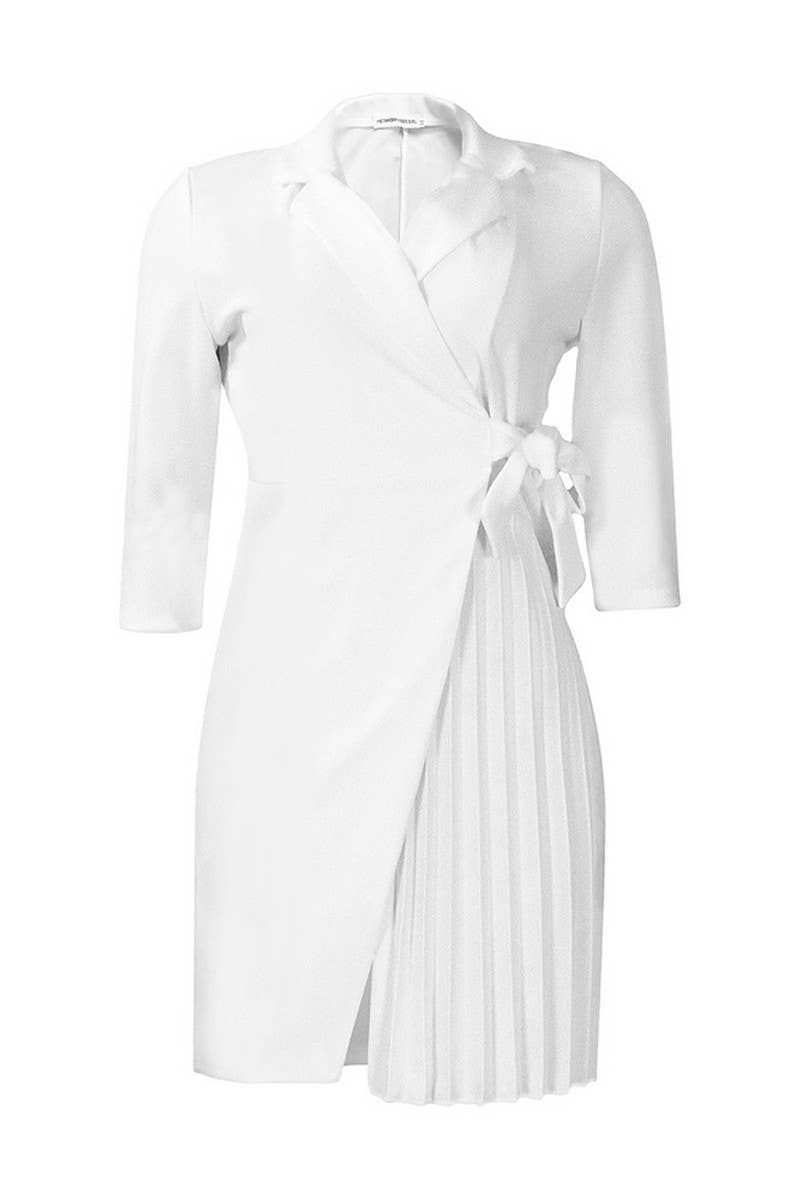 CWDSD3574_PLUS SIZE SUIT COLLAR STRAPPED PLEATED SHORT DRESS