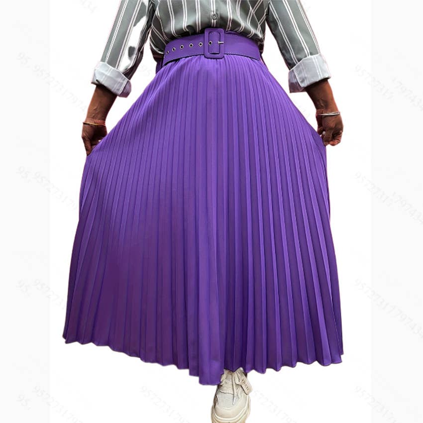 Solid-color fashionable belt pleated skirt