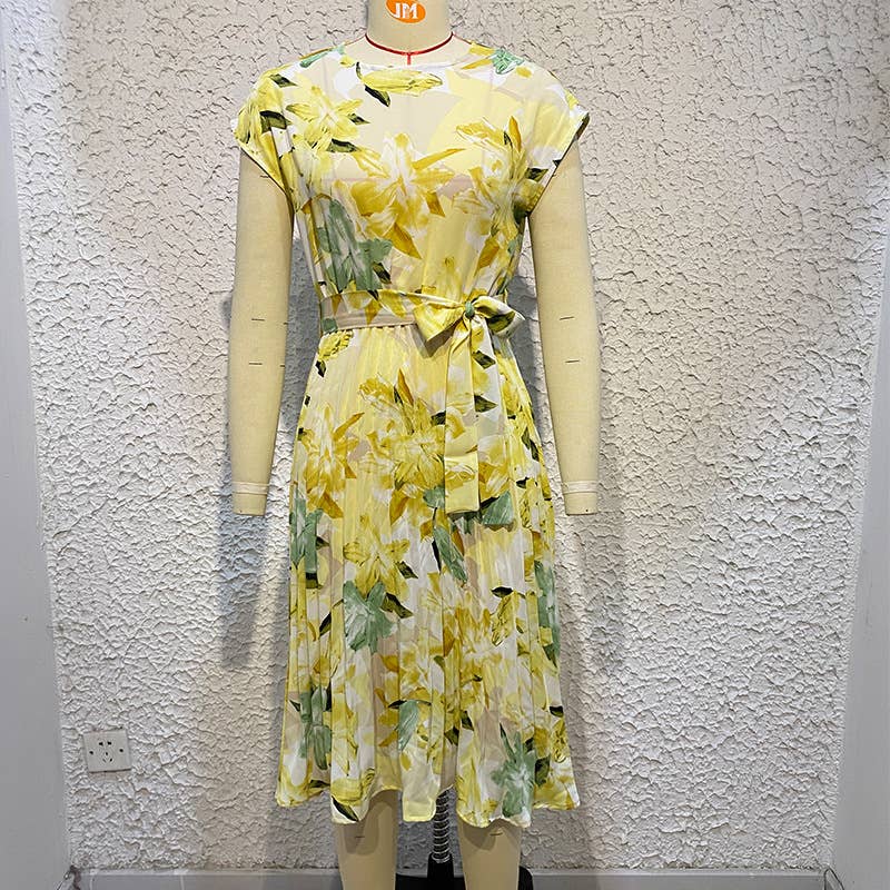 PRINTED CREW NECK LACE-UP PLEATED DRESS