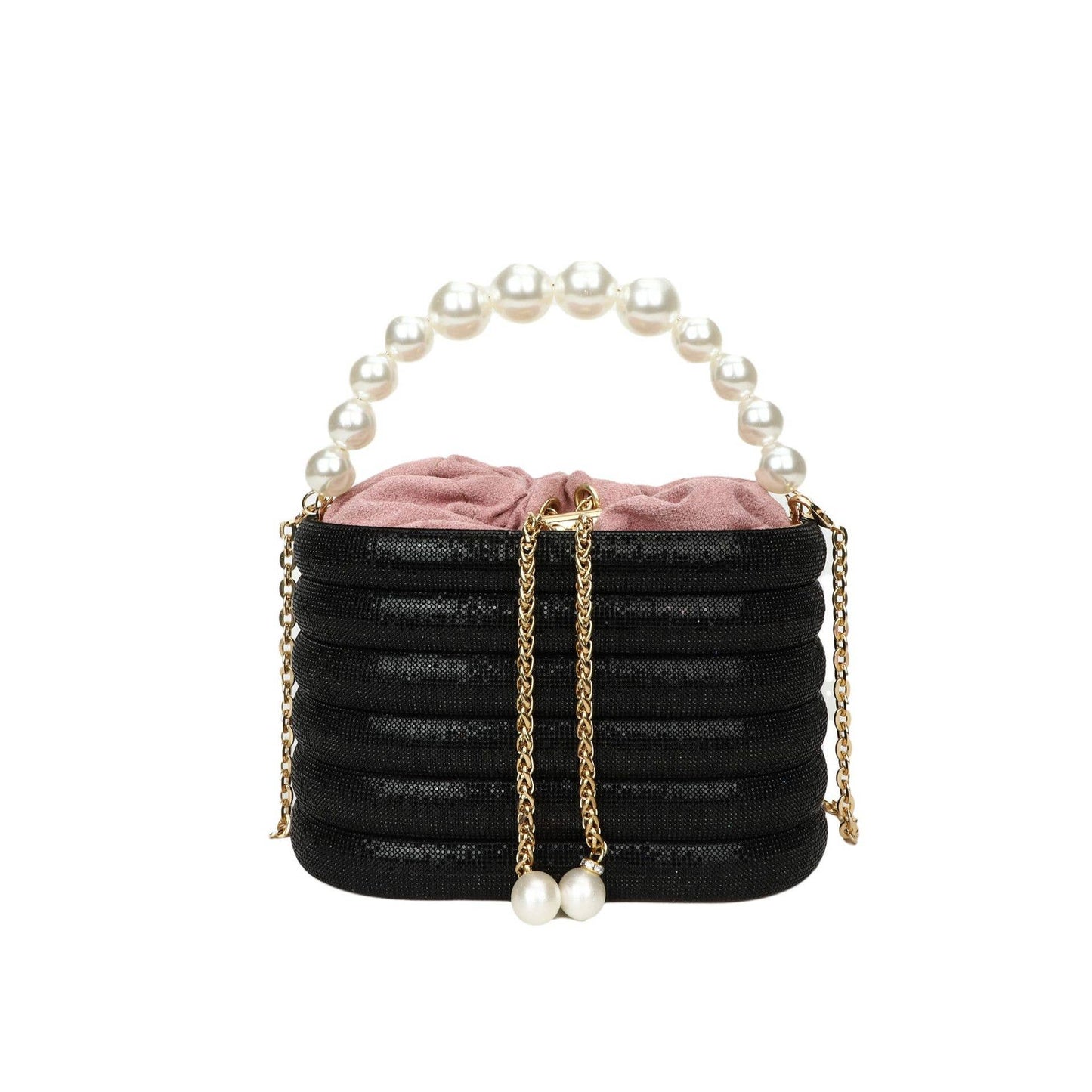 Slung over a pearl sparkling handbag