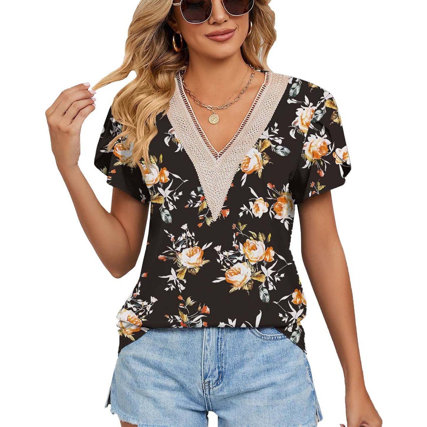 V-neck printed petal-sleeve loose pullover shirt