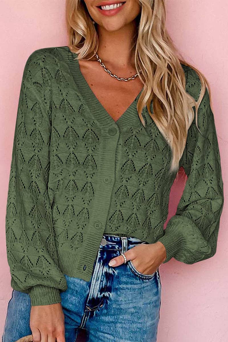 LONG SLEEVE CROCHET V-NECK CARDIGAN