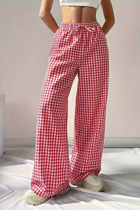 CWBLP1138_LOOSE PINK PLAID LACE-UP CASUAL WIDE-LEG PANTS