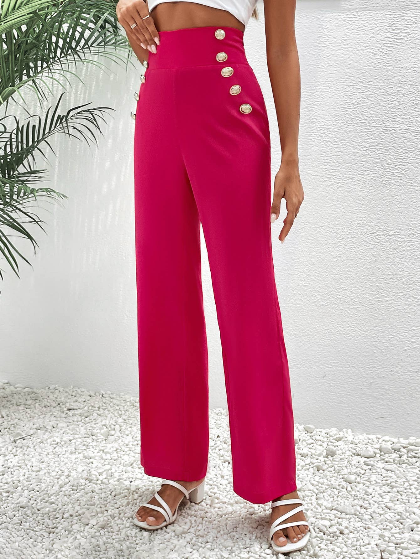Embellished button-up wide-leg pants