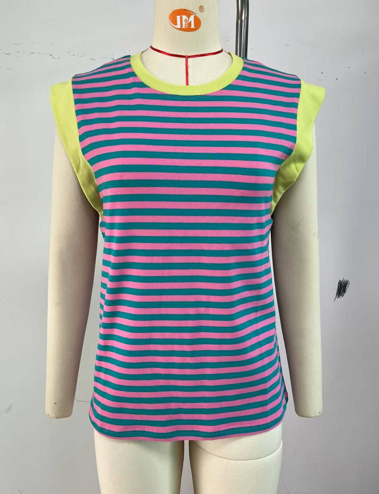 Sleeved striped color-matched crew neck tank top