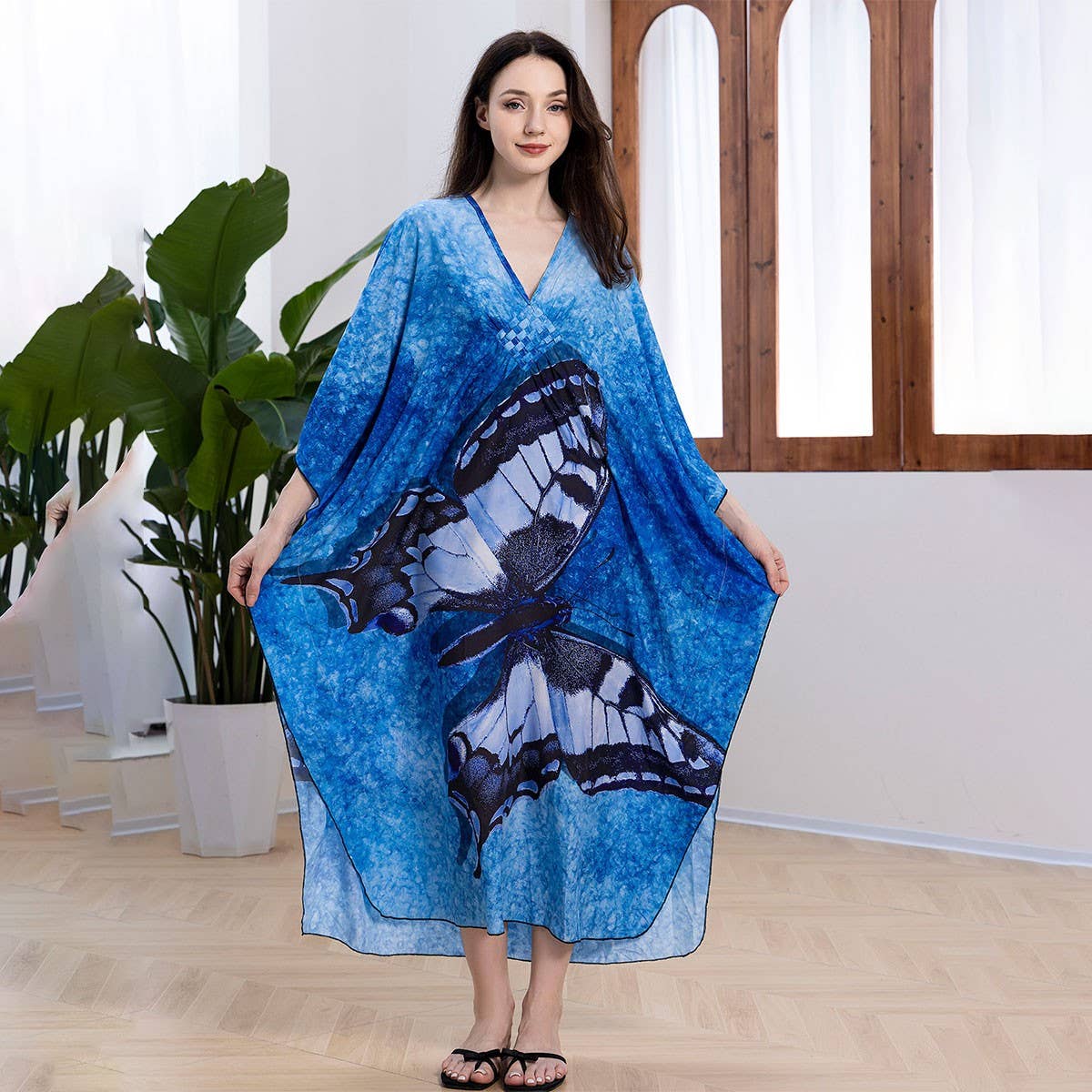 Plus Size Butterfly Print Beach Cover-Up Dress_CWMM6199