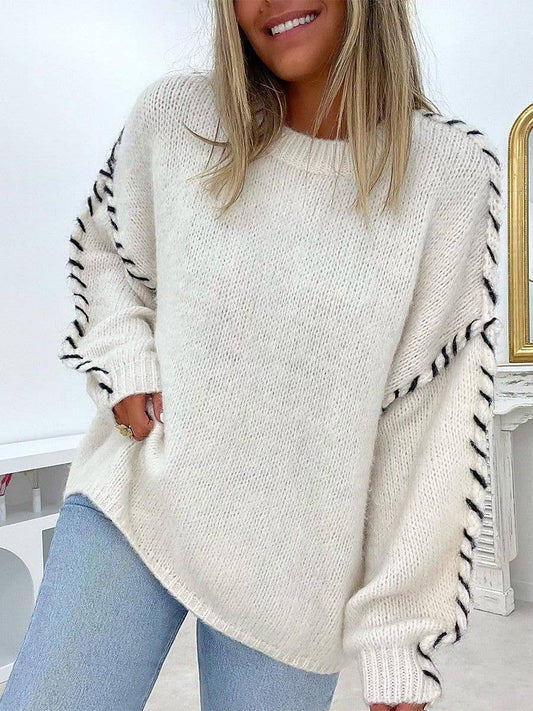 Round neck stitch design loose pullover sweater