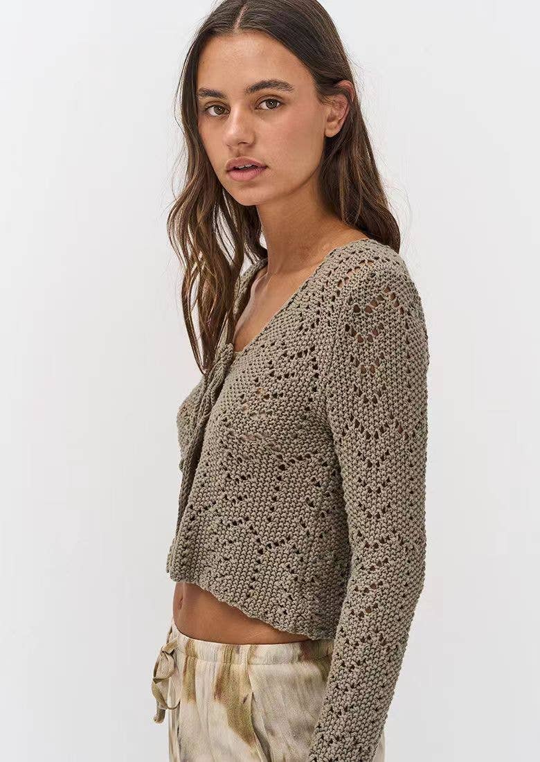 SEXY V-NECK HOLLOWED OUT SOLID COLOR CARDIGAN